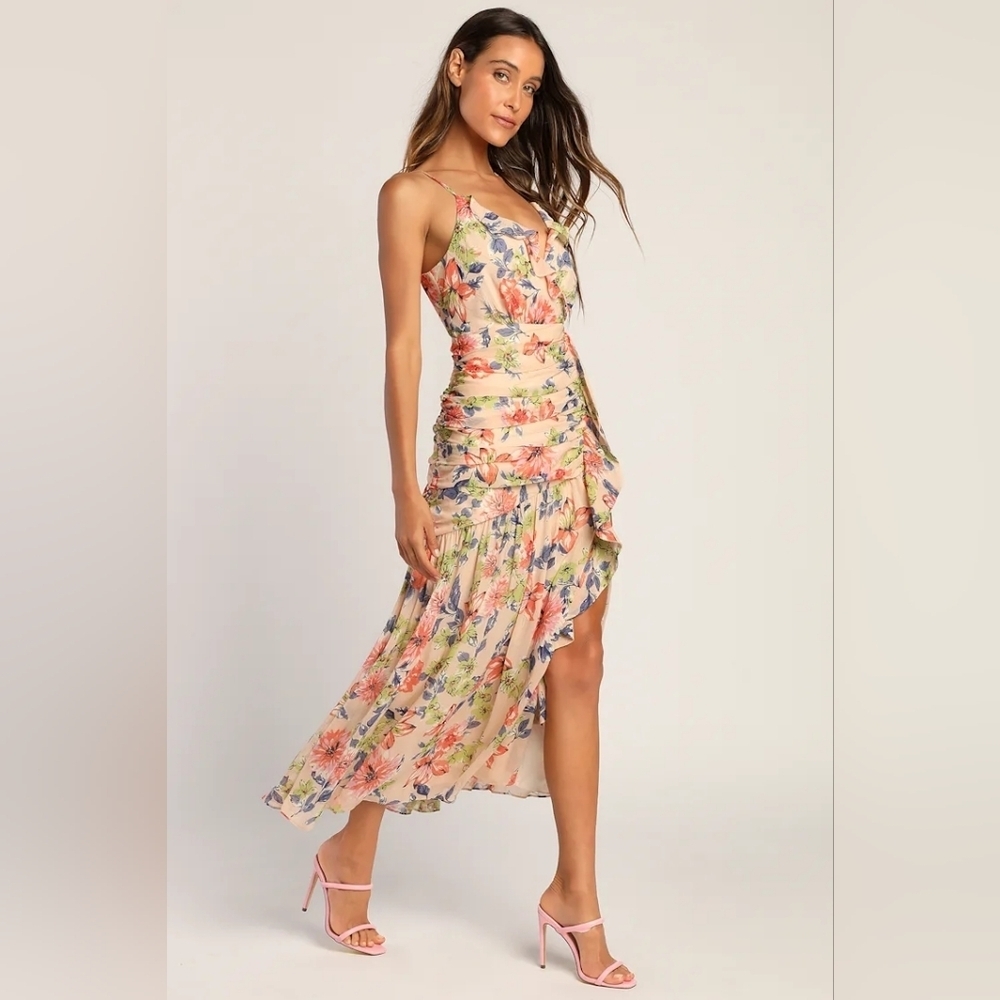 Lulus Stunning Soiree Blush Pink Floral Print Ruched Midi Dress XL Wedding Party - Picture 3 of 12